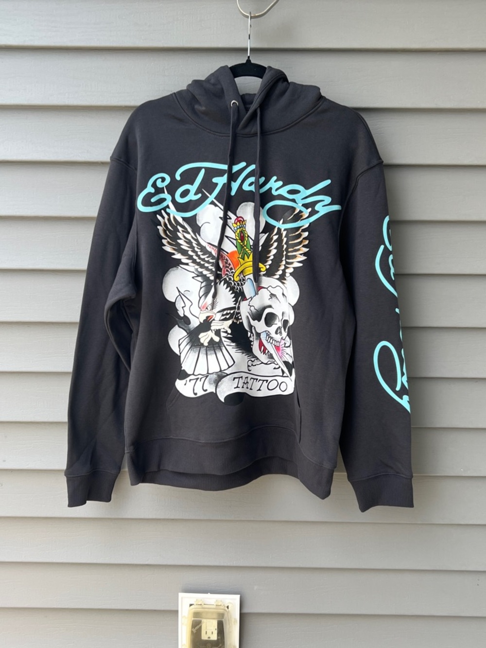 Ed Hardy 77 Eagle Hoodie Sweatshirt Size L Dark Gray Y2K Graphic Streetwear